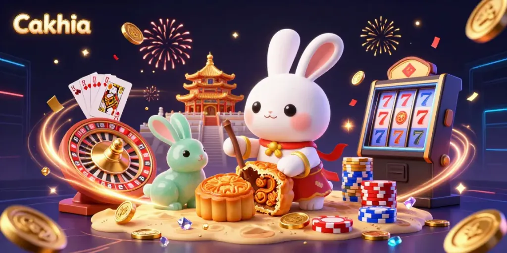 Experience Cakhia with the charming moon rabbit celebrating on the lunar surface amidst dazzling casino elements.