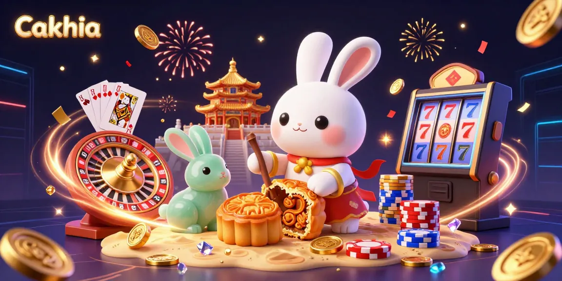 Experience Cakhia with the charming moon rabbit celebrating on the lunar surface amidst dazzling casino elements.