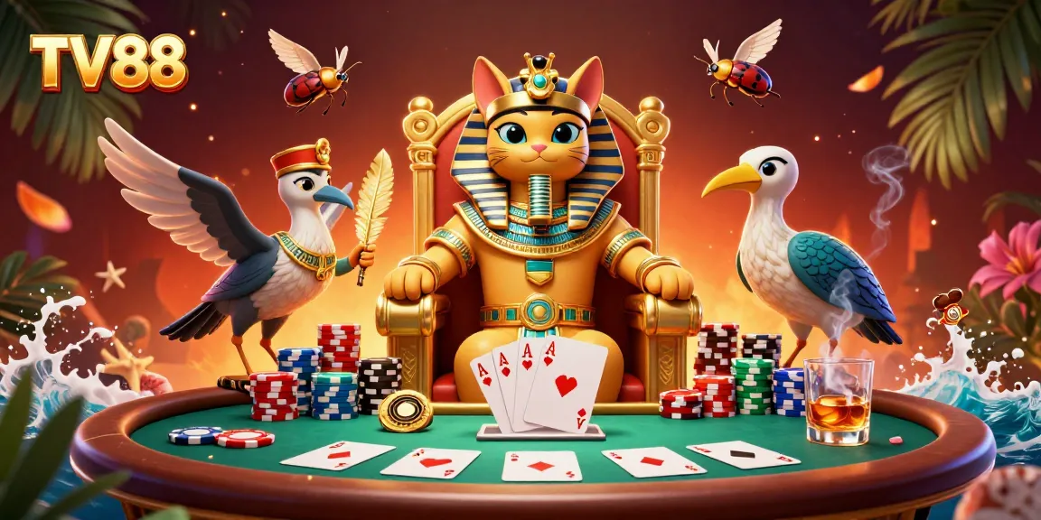 Engage with exciting casino elements at TV88 featuring a pharaoh cat and vivid poker action.