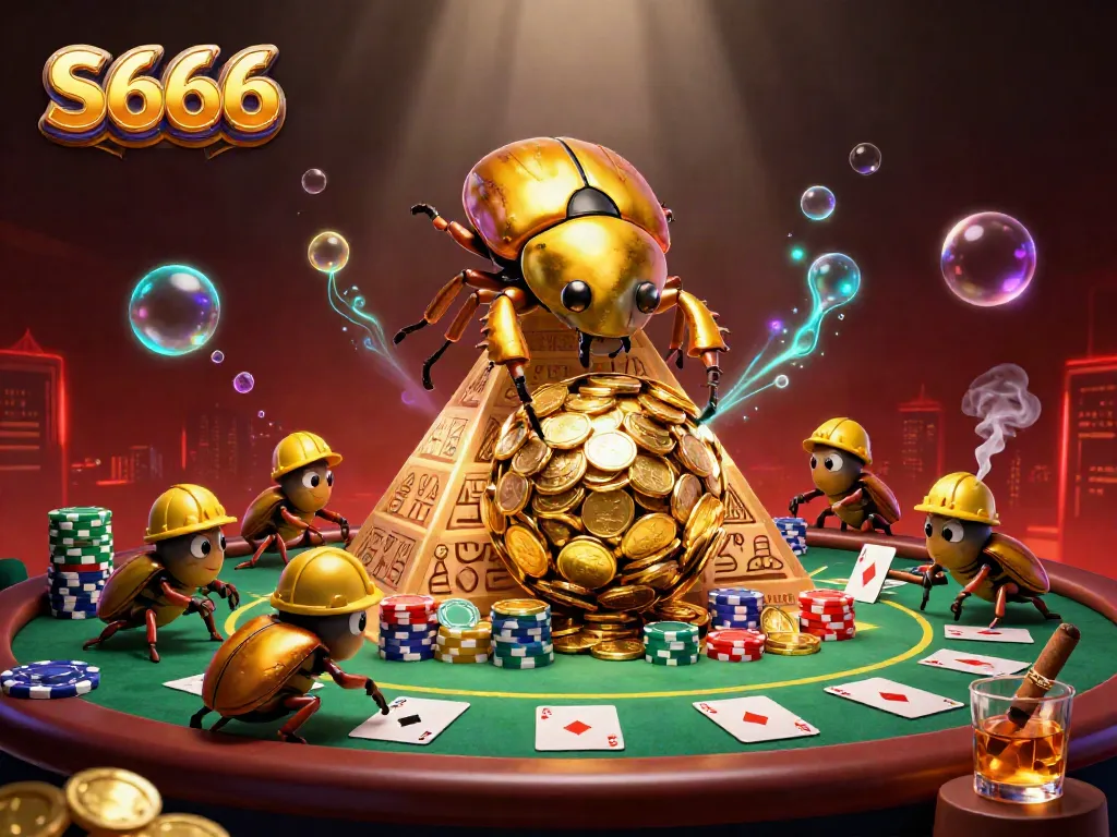 S666 showcases a vibrant and dynamic casino scene with golden characters and rich gambling elements.
