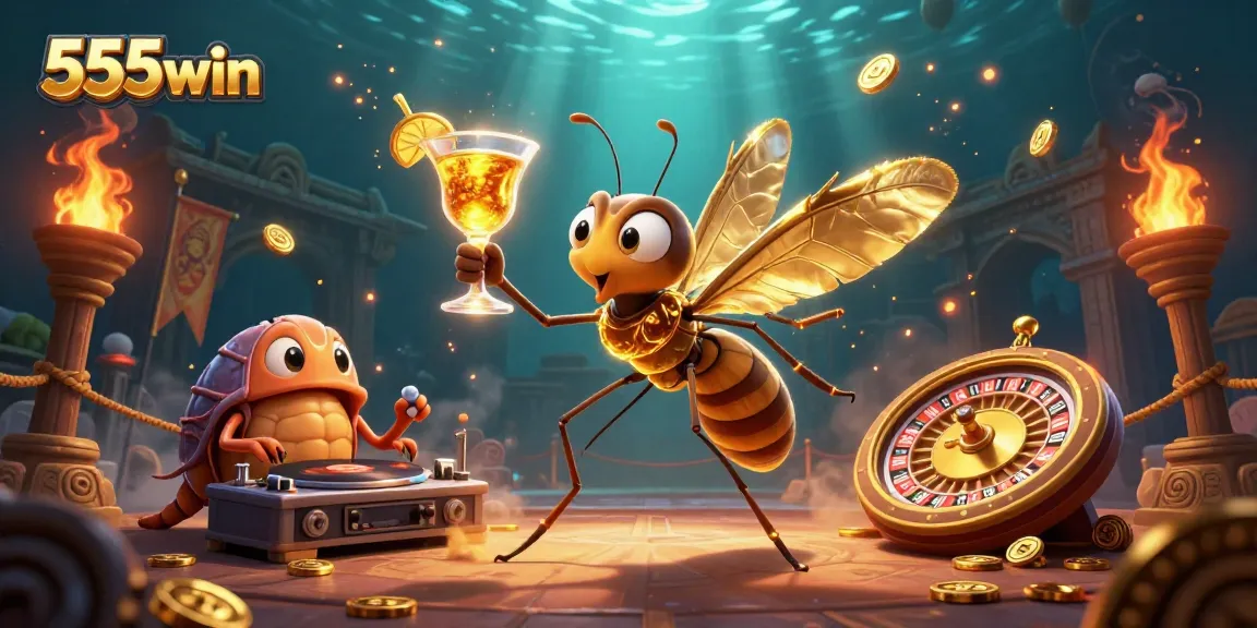 Experience winning moments with 555win featuring a vibrant casino scene of unique characters and elements.