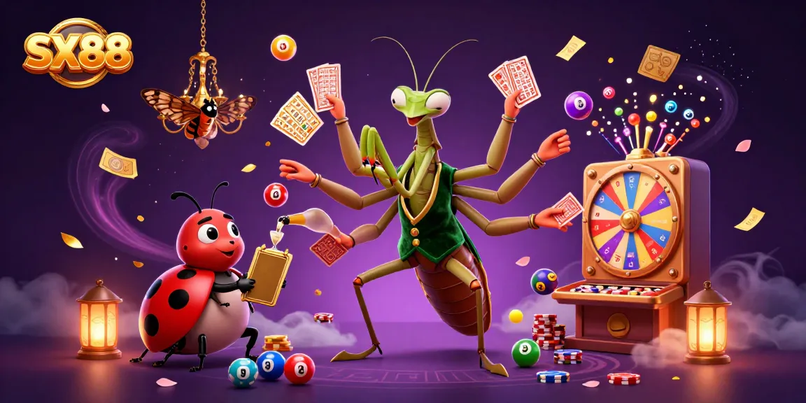 SX88 offers an exciting gaming atmosphere with a praying mantis card sharp and ladybug pit boss amidst colorful lottery elements.