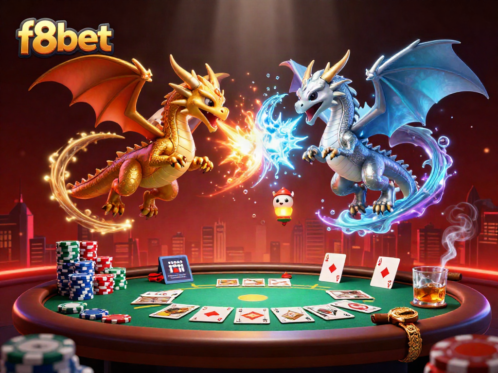 Engage with thrilling f8bet experiences illustrated through dynamic dragons and poker elements.