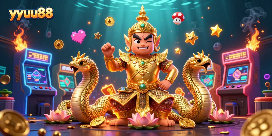 yyuu88 captivates players in a vibrant 3D casino scene with arcade elements and golden guardians.