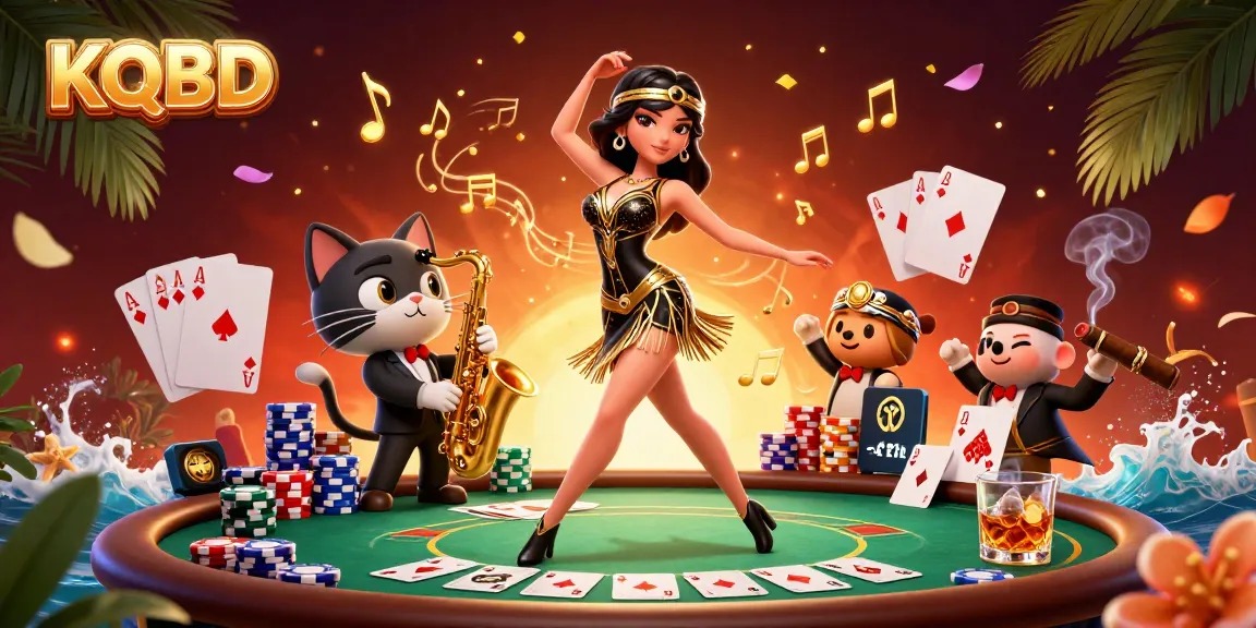 Bet on KQBD with excitement in this vibrant scene of a stylish woman and a saxophone cat amidst poker elements.