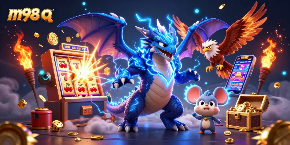 Play thrilling casino games at m98 q with a dynamic scene of exciting characters and jackpot elements.