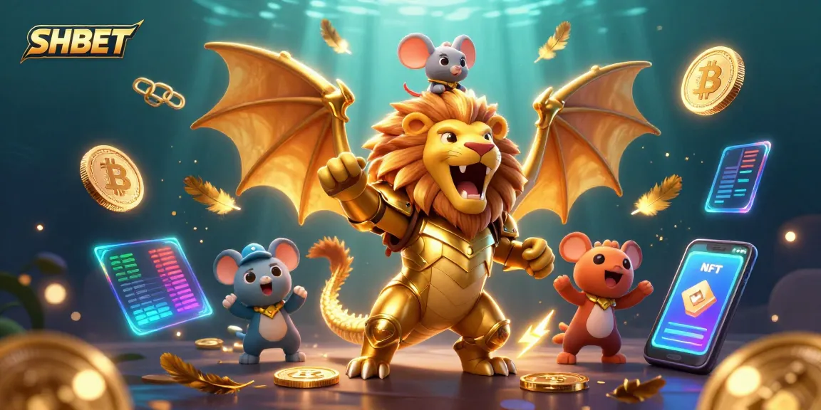SHBET showcases a triumphant chimera in golden armor amidst floating cryptocurrency elements, evoking excitement.