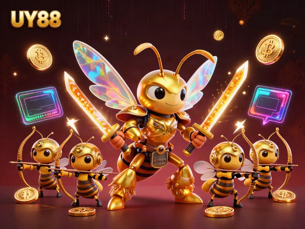 Bet on UY88 with a golden samurai hornet leading a vibrant casino scene full of crypto coins.