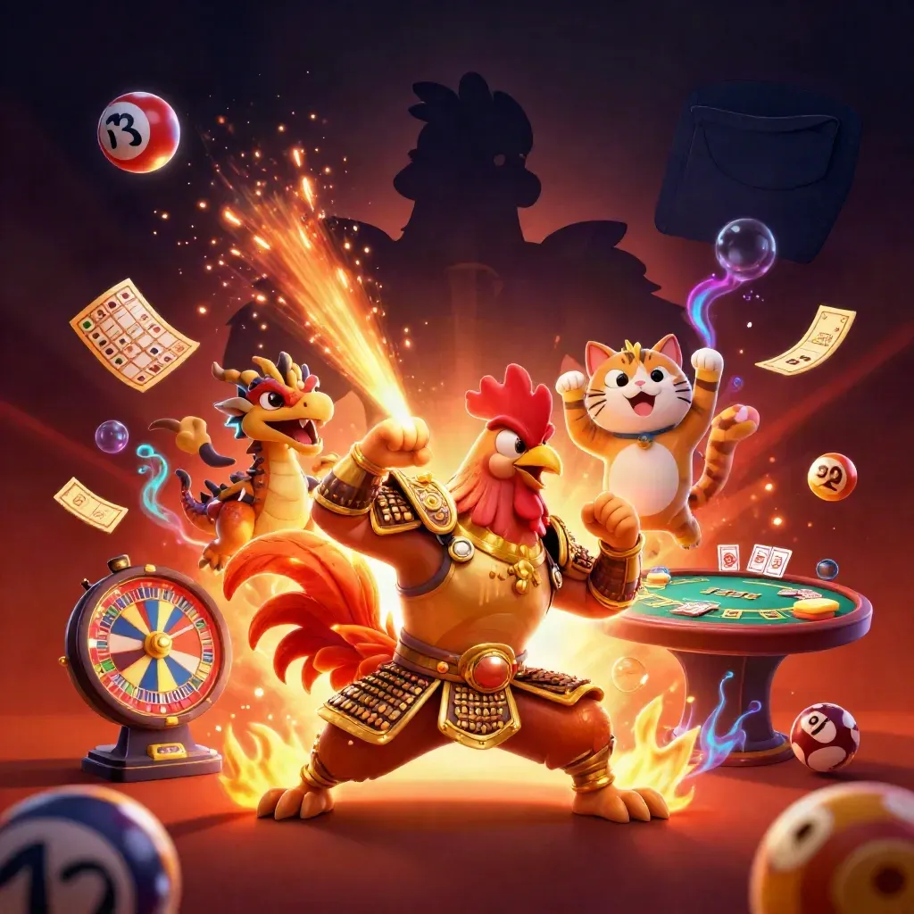 Rooster warrior, dragon hatchling, and fortune cat amid casino treasures and neon light.