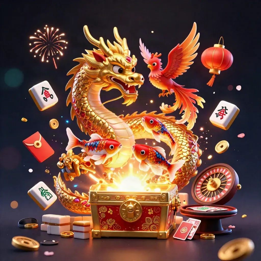 Golden dragon with phoenix and koi amid casino luck symbols on a dark navy glow