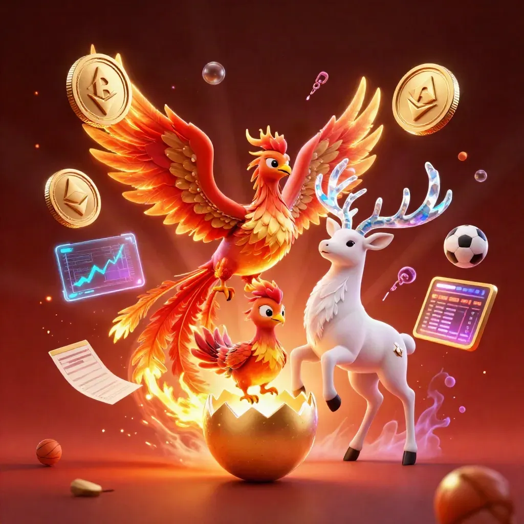 Phoenix, baby phoenix and crystalline stag amid coins, lightning and casino effects.