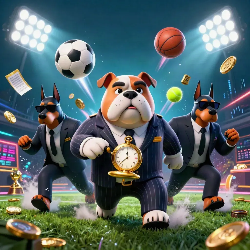 Cartoon bulldog boss and two Dobermans amid flying balls, coins, trophy, and stadium lights