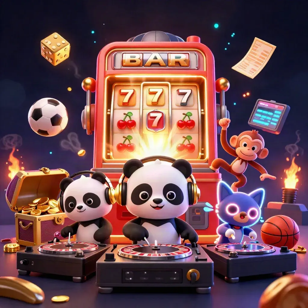 Panda DJ, monkey and glow-stick kitten amid casino bursts, gold dice, balls and dark neon haze