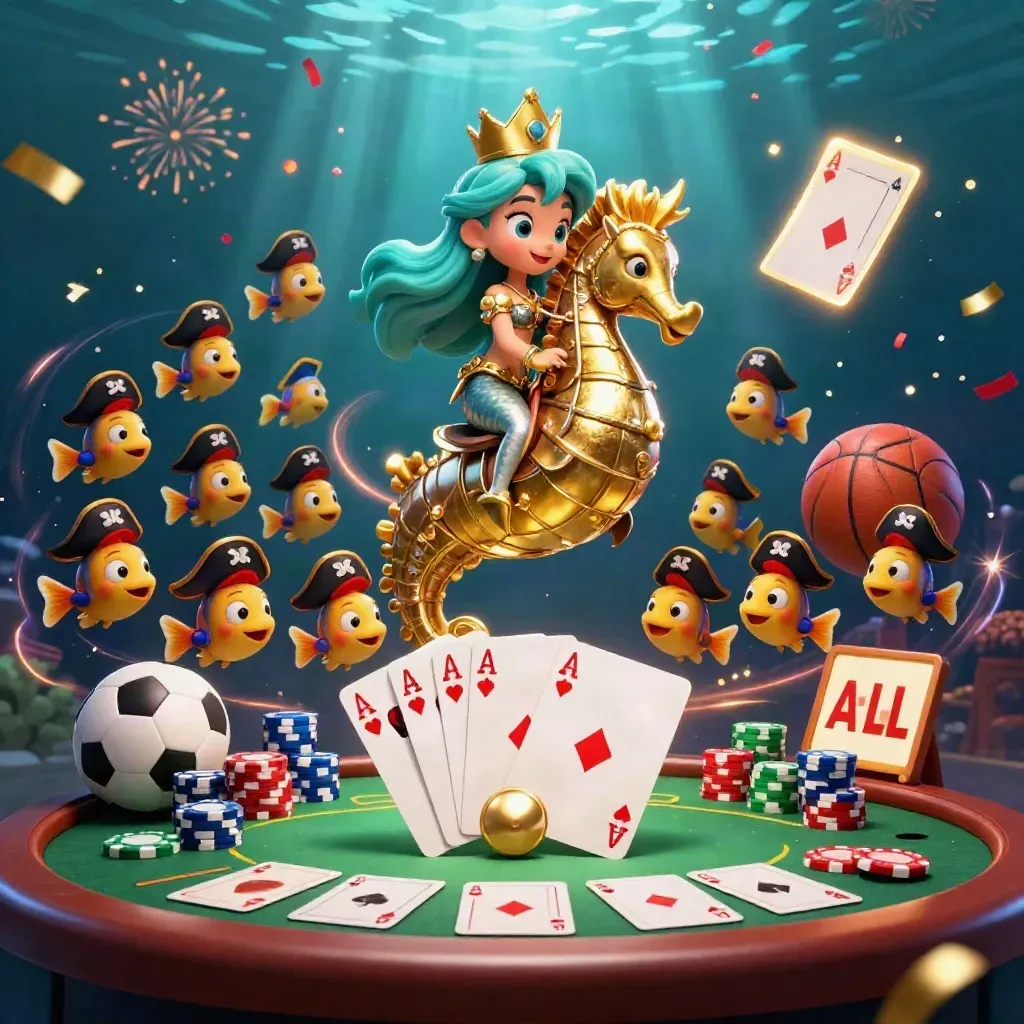 Mermaid princess on golden seahorse amid poker chips, cards and underwater casino magic.