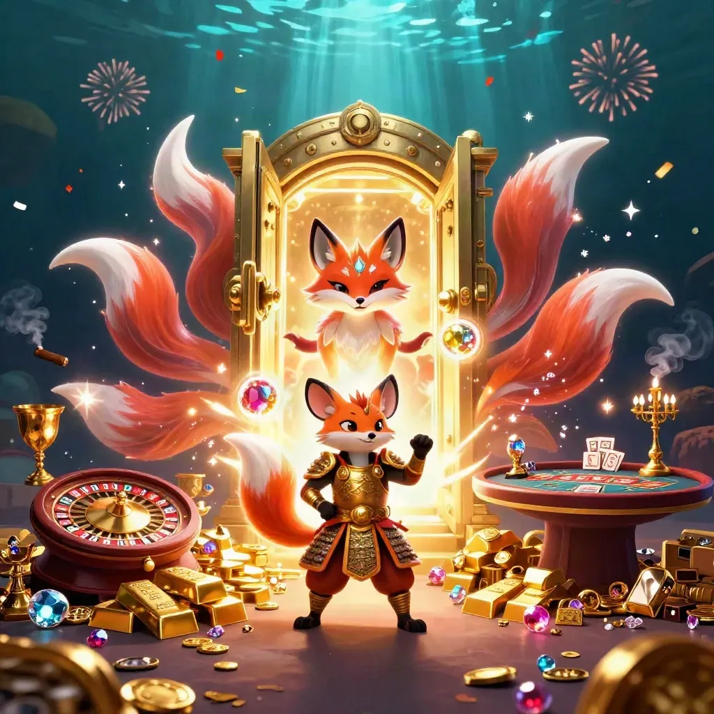 Neon fox spirit and samurai mouse amid vault riches in premium casino glow