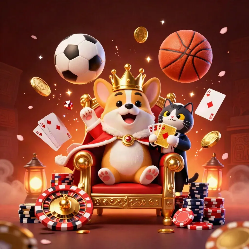 Crowned corgi and cat butler amid flying chips, coins, roulette wheel and sports balls.
