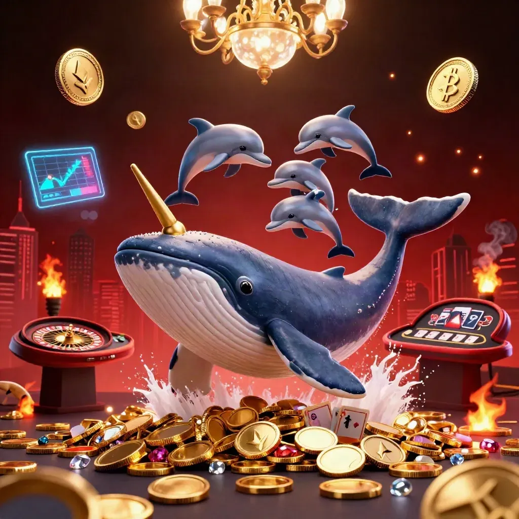Whale captain, narwhal, and dolphins amid casino coins, crypto sparks, and red noir lighting