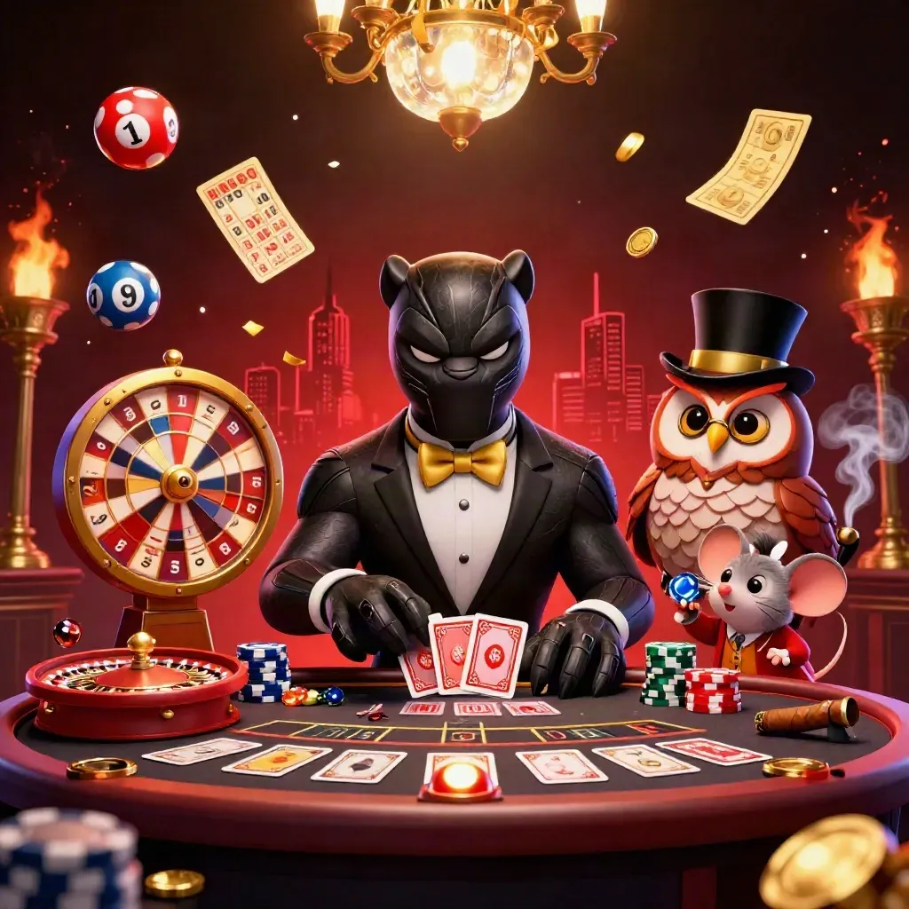 Panther dealer, owl, and mouse in a luxe casino scene with glowing lights and treasure