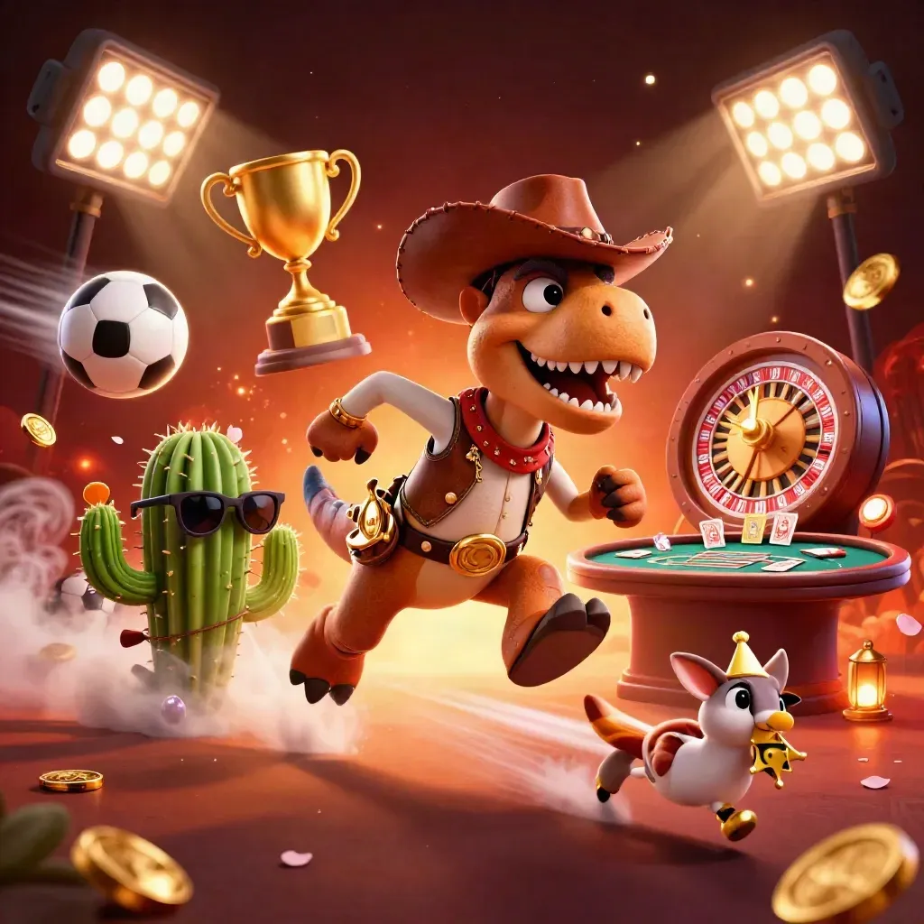 Cowboy T-Rex, cactus and sheriff roadrunner amid casino lights, sports balls and gold loot.