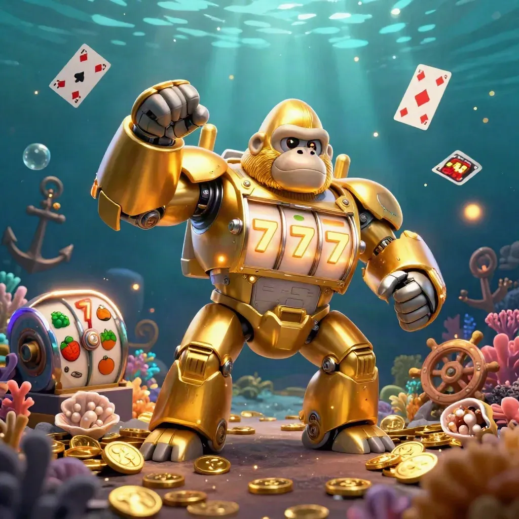 Golden gorilla mech with tiny monkey pilot amid treasure, coral, coins, and glowing underwater light.