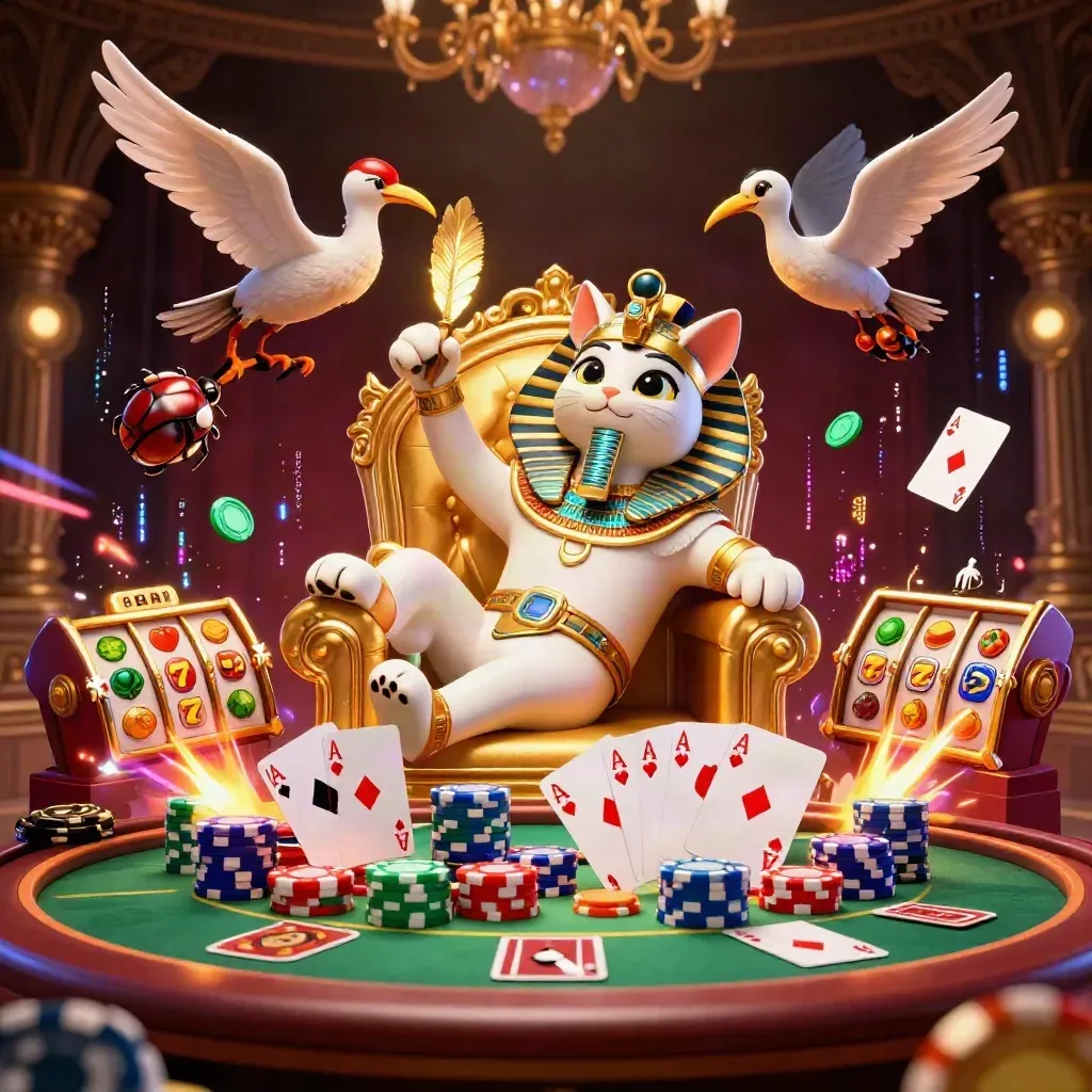 Pharaoh cat on a throne with ibis scribe, scarab beetles, poker chips, cards and glowing casino effects.