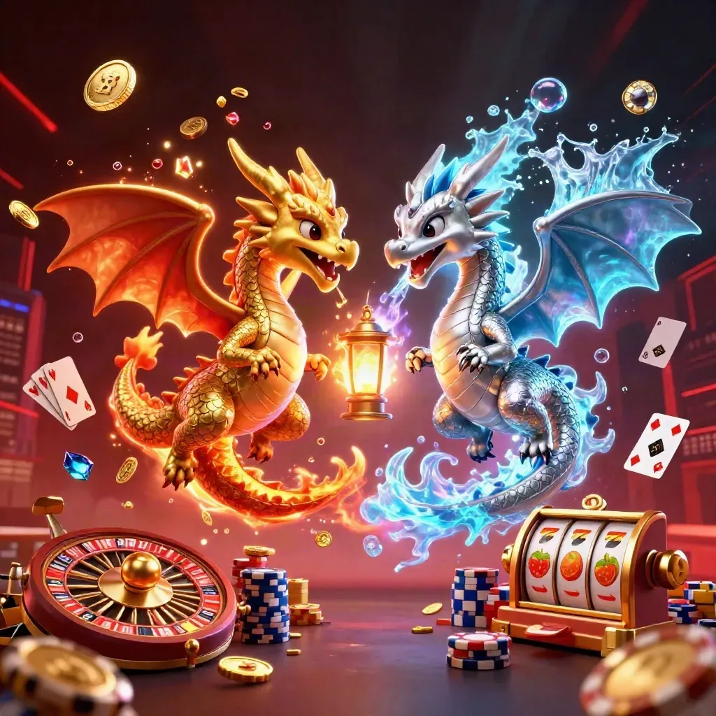 Twin gold and silver dragons spiral in casino fire and ice, with coins, chips, cards and a roulette wheel.