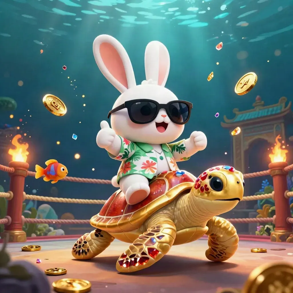 Lucky rabbit on golden sea turtle amid treasure, fish, and temple gate underwater.