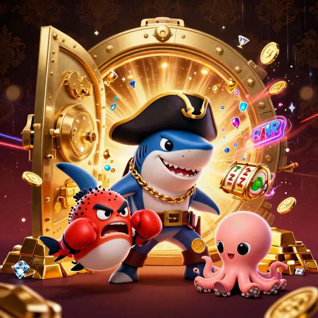 Pirate shark, boxing pufferfish, and coin-juggling octopus amid treasure and casino effects.