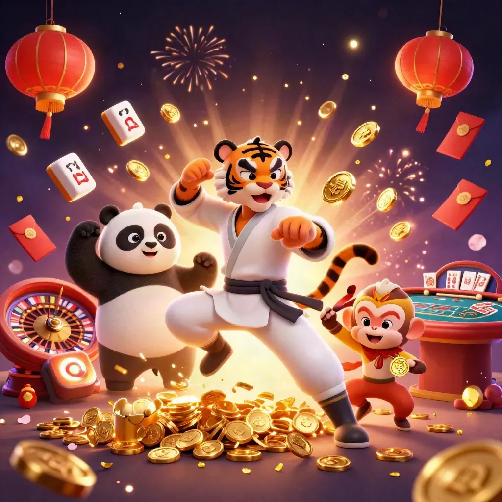 Tiger, panda, and monkey celebrate amid coins, fireworks, lanterns, and casino elements.