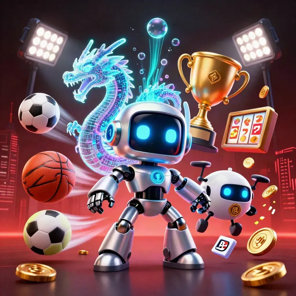 Cyberpunk robot, holographic dragon, and coin drone amid casino props, balls, coins, and neon effects.