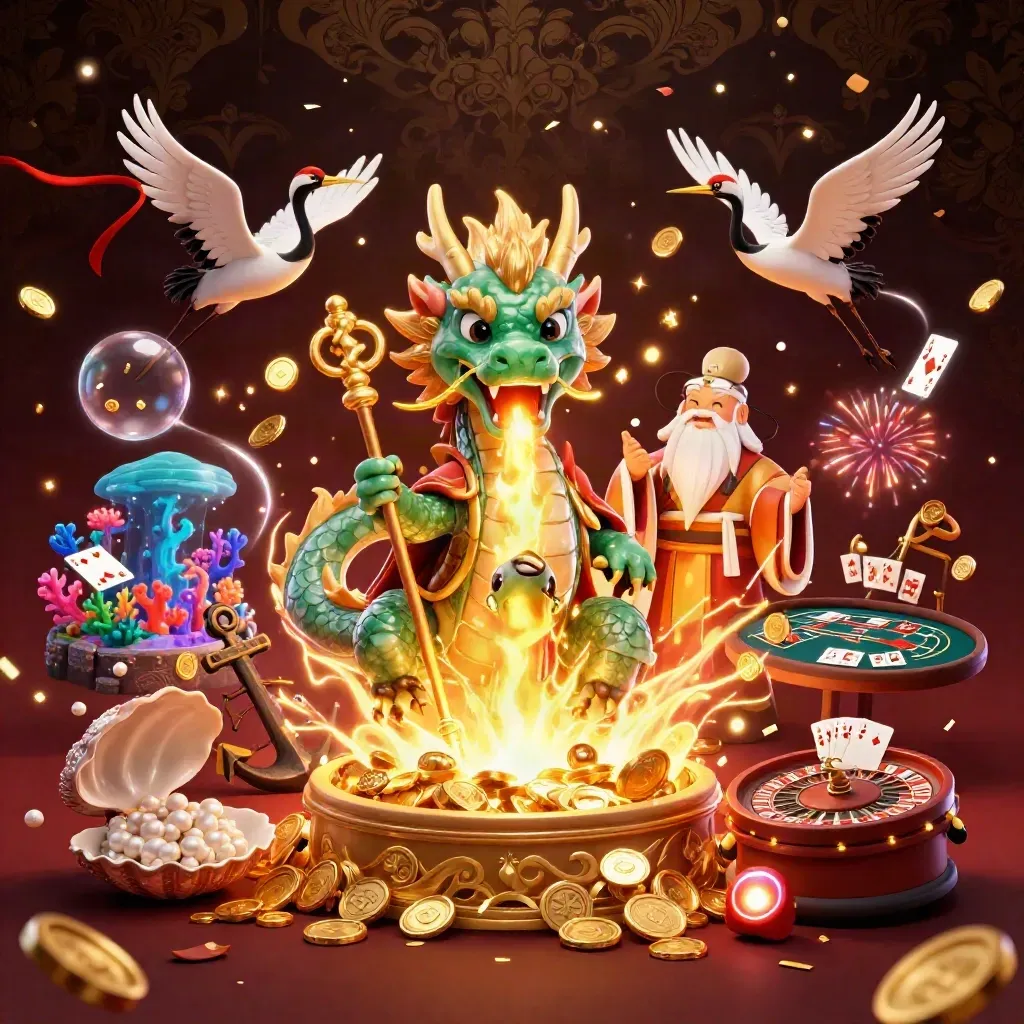 Dragon, turtle sage, and cranes amid casino treasure, coins, fireworks, and luxury dark-gold lights.