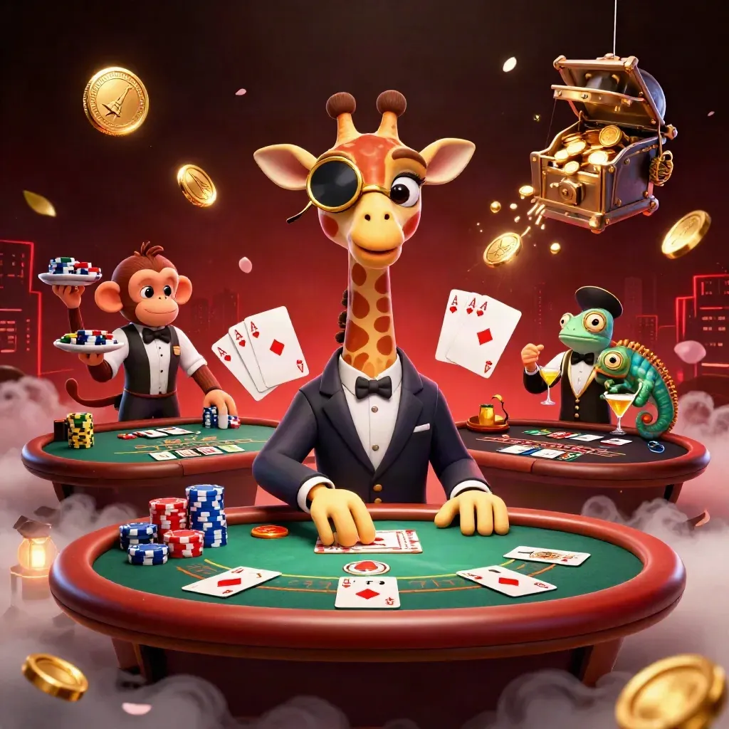 Three casino mascots amid chips, coins, fireworks and neon treasure in a premium promo scene.