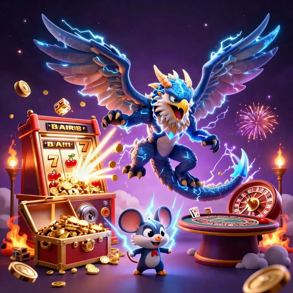 Thunder dragon, wind hawk, and thunder-mouse amid jackpots, coins, and casino magic.