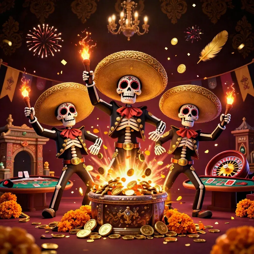 Day-of-the-Dead skeleton mariachi trio amid treasure, coins, fireworks and casino props.
