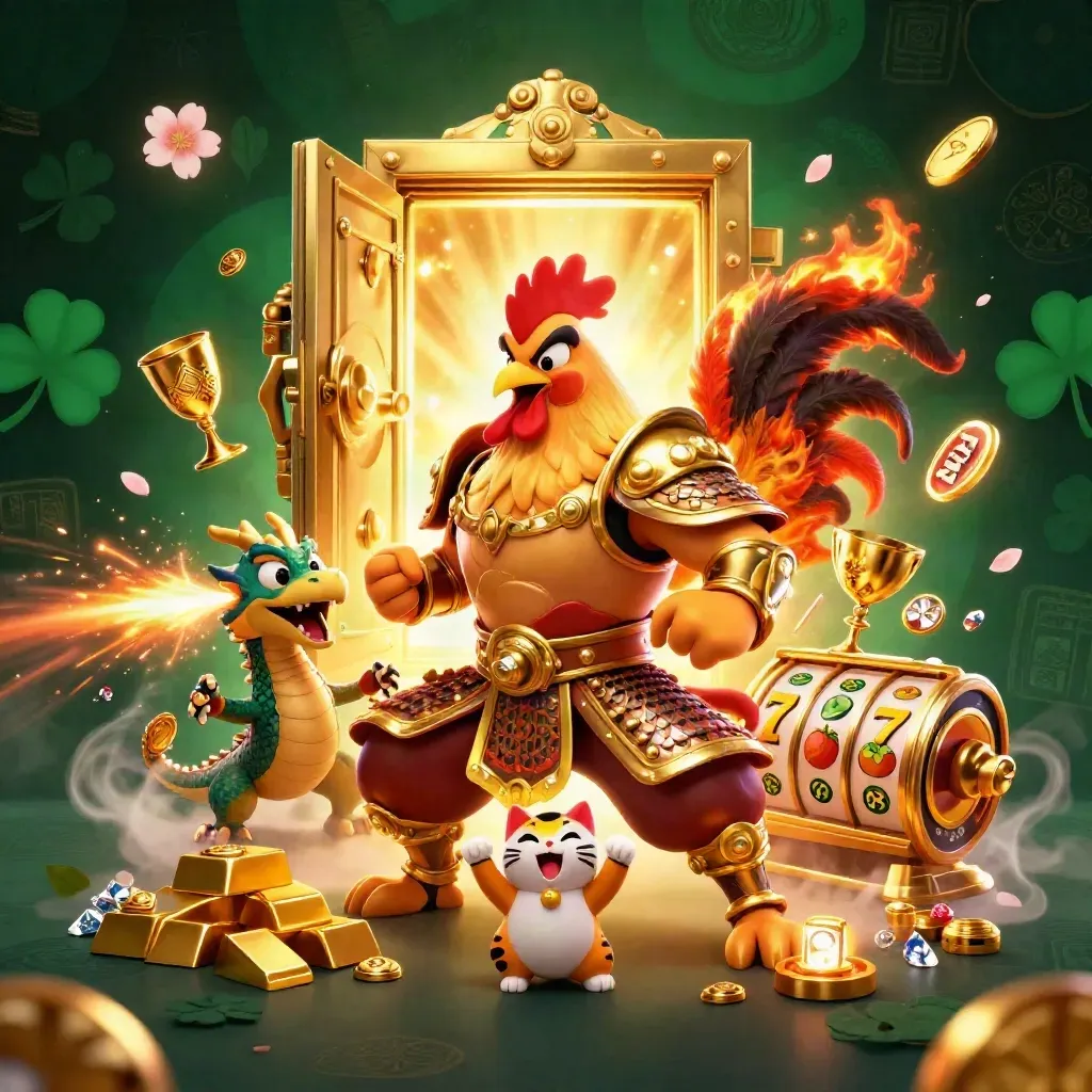 Rooster warrior, dragon hatchling and lucky cat burst from a treasure vault in casino gold.
