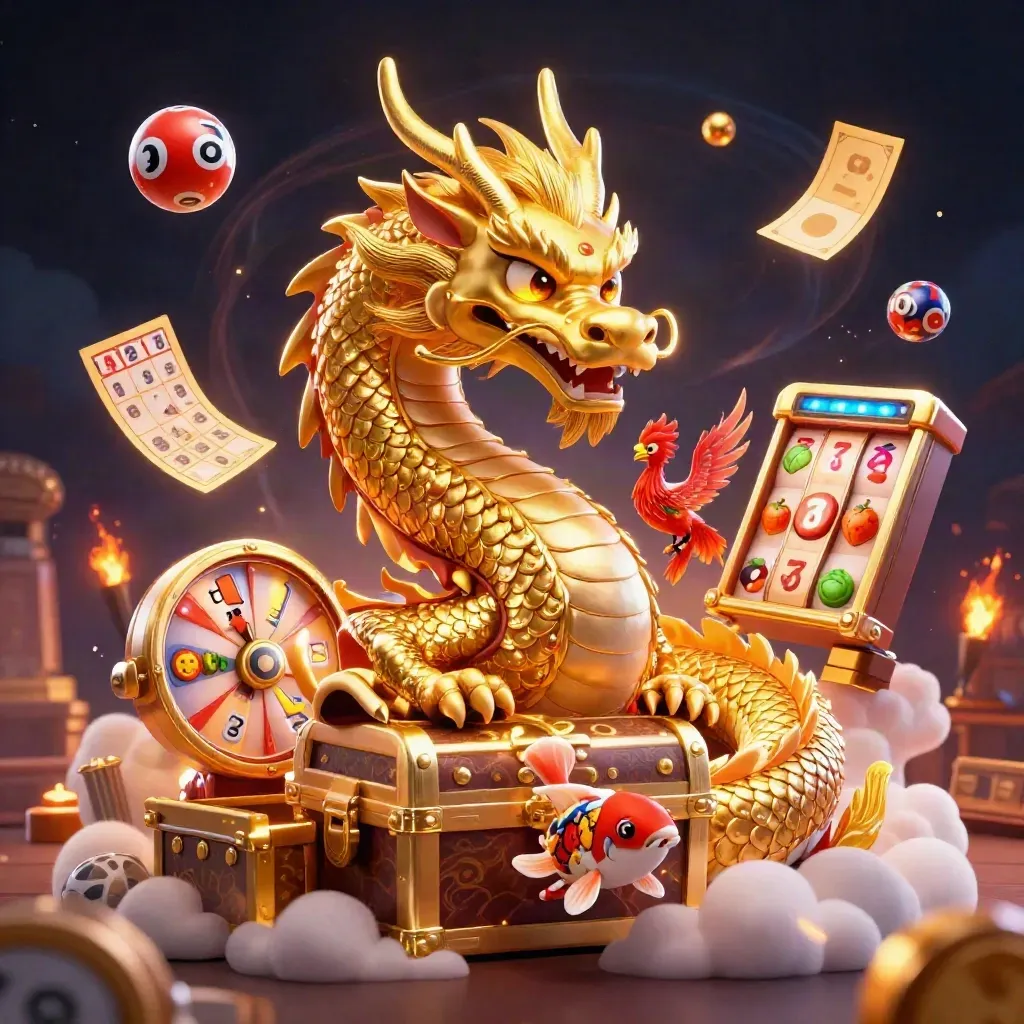 Golden dragon, phoenix and koi burst with casino reels, balls, wheel and treasure chest.
