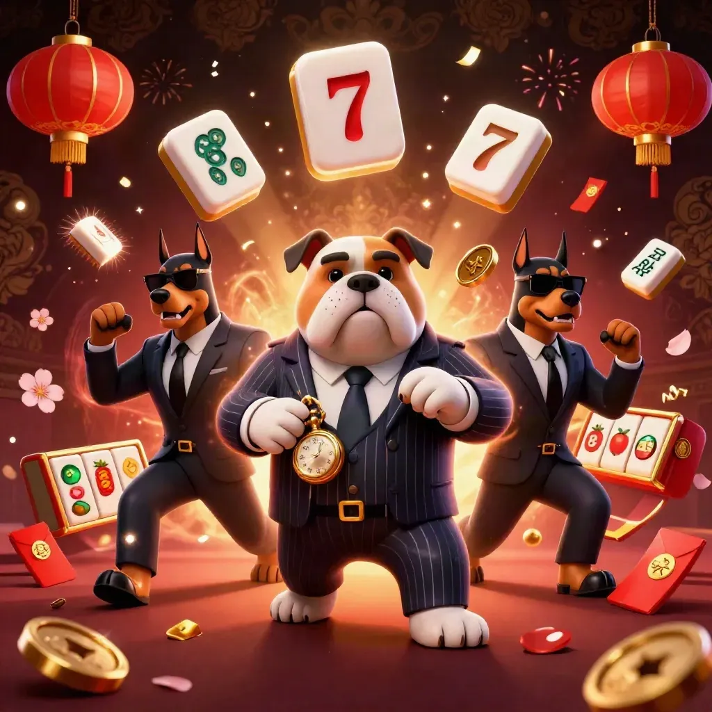 Bulldog boss and two Dobermans amid casino charms, coins, reels, fireworks, and ruby-gold glow.
