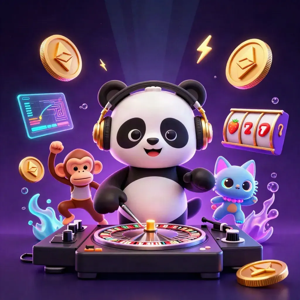 Panda DJ, dancing monkey, and glow-stick kitten amid casino reels, coins, and neon energy.