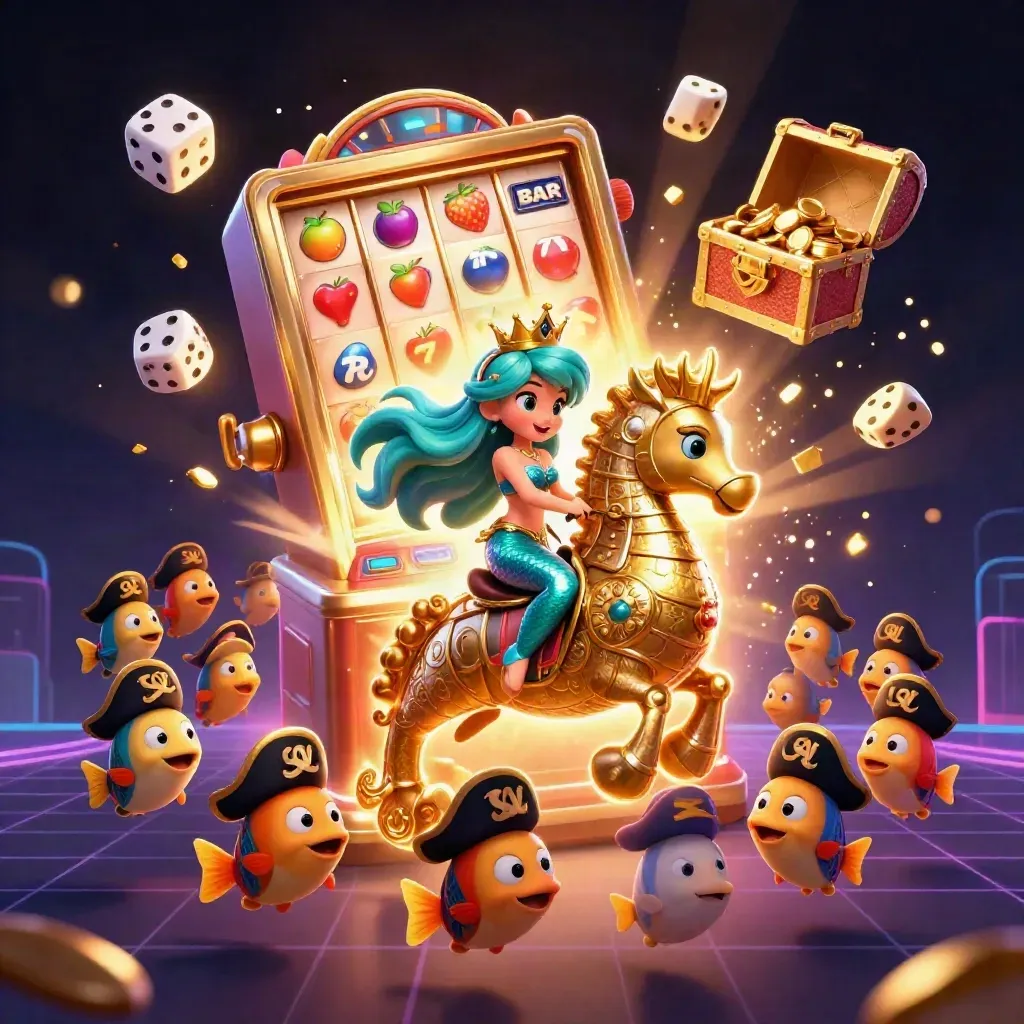 Mermaid princess on golden seahorse with pirate fish amid exploding slot symbols and gold