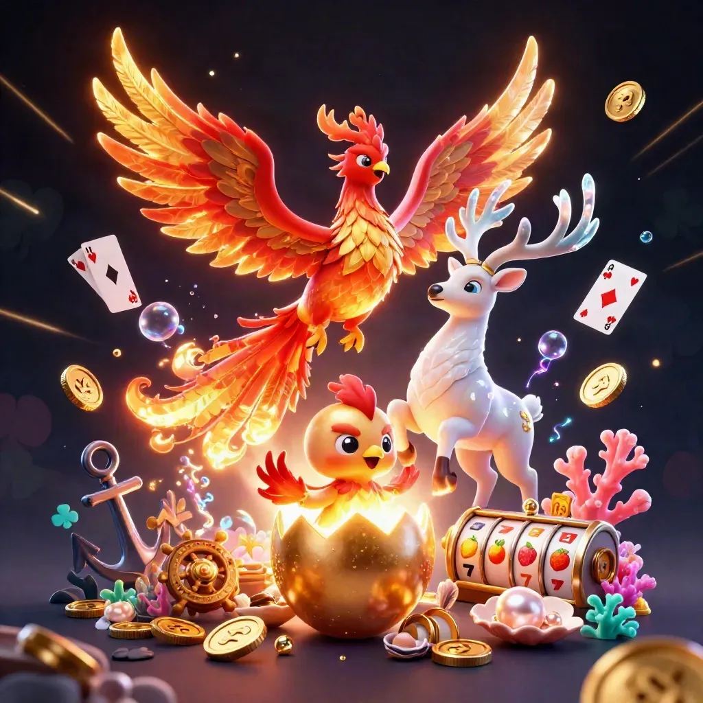 Fire phoenix, baby phoenix, and crystal-antlered stag amid casino treasure and slot symbols.