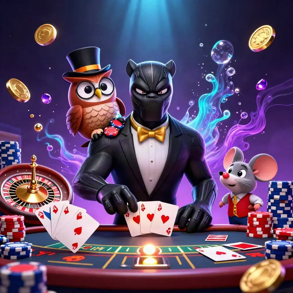 Black panther, owl and mouse amid casino chips, roulette wheel and glowing coins.