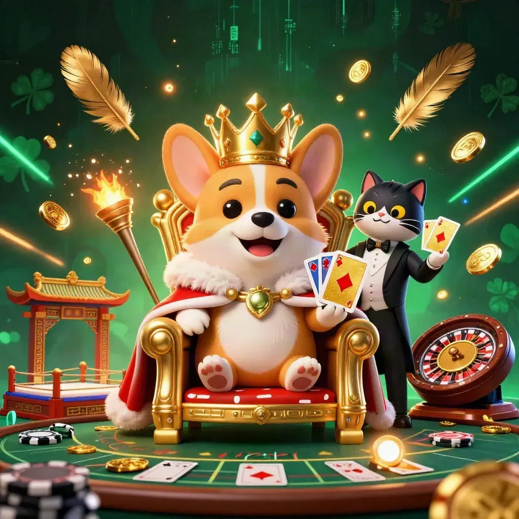 Royal corgi and cat butler on chip throne amid casino relics, gold sparks, neon glow, dark luxe backdrop