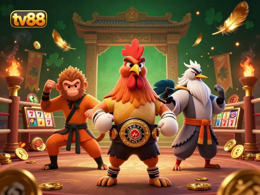 Experience thrilling action with tv88 as a Muay Thai rooster, a Shaolin monkey, and a wise crane engage in a vibrant fighting arena.
