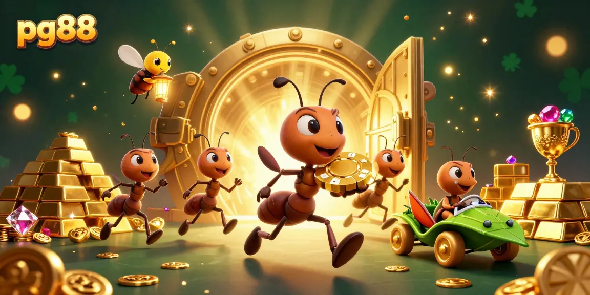 Engage with the excitement of pg88 while the small ant team steals a giant poker chip through a vibrant treasure tunnel.