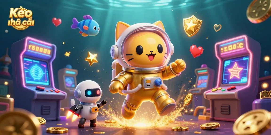 Kèo nhà cái showcases an exciting gaming scene featuring a cat astronaut, robot dog, and alien fish, blending classic gaming aesthetics with casino elements.