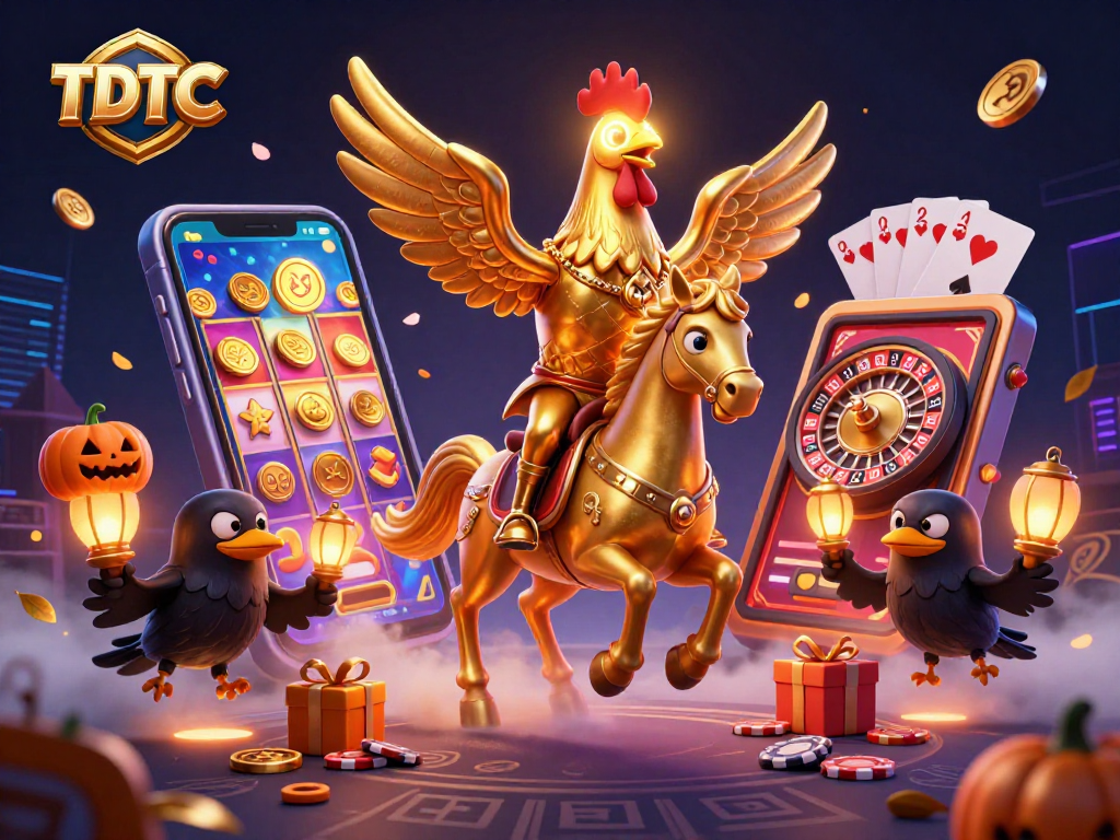 TDTC showcases a golden rooster and companions in a vibrant casino scene, engaging players with slot games.
