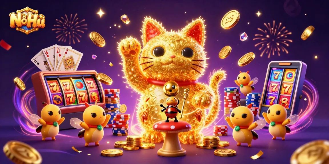 Nổ Hũ brings joy with a lively scene featuring a lucky cat, vibrant casino symbols, and exciting game action.