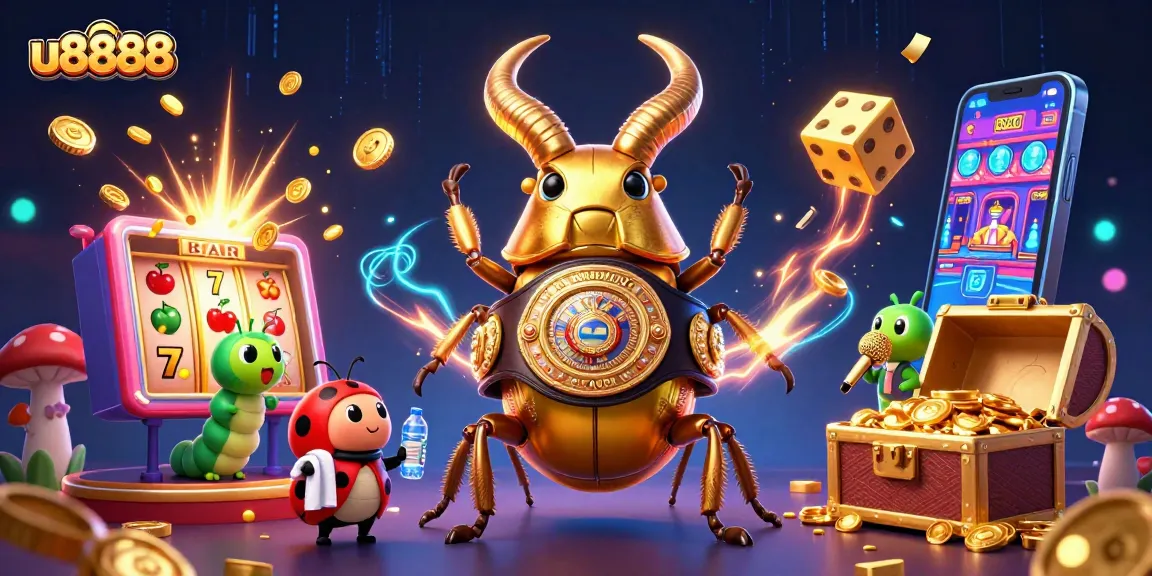 u8888 slot gaming excitement with a golden stag beetle, ladybug coach, and caterpillar announcer
