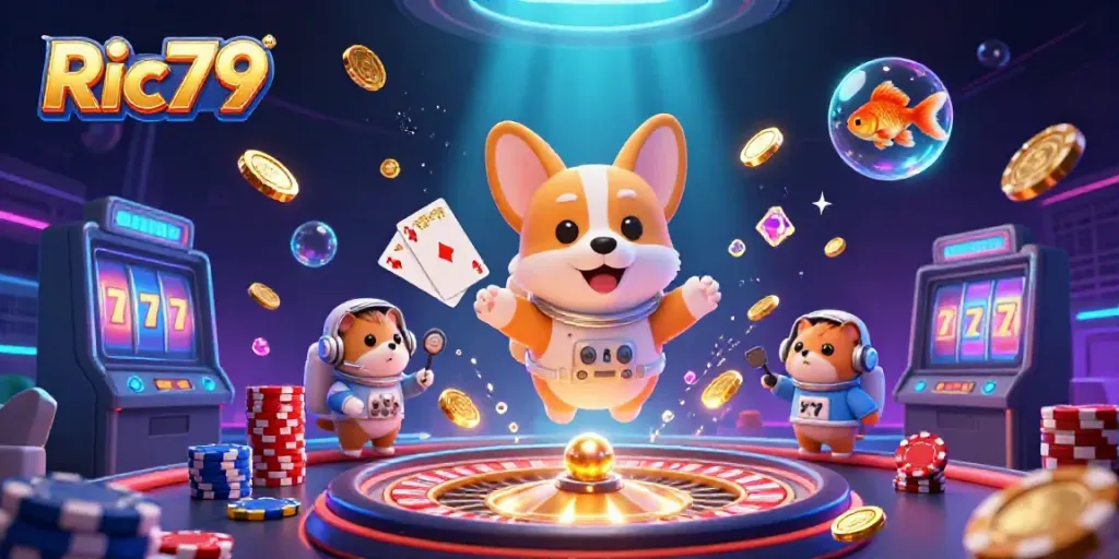 Experience the excitement of Ric79 with a floating 3D corgi and vibrant casino elements in a cosmic scene.