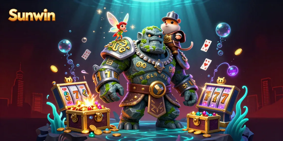 Experience thrilling gameplay at Sunwin as a golem guardian, fairy, and hamster knight celebrate jackpot wins with vibrant casino elements.